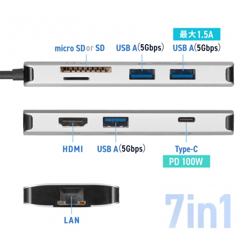USB Type-Cモバイルドッキングステーション（7-in-1・4K/30Hz対応・HDMI出力・SD/microSDカードリーダー・PD100W）