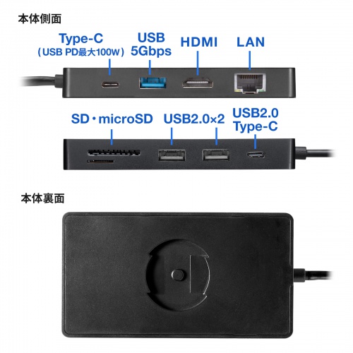 Type-C ドッキングステーション（9-in-1・机固定・ハブ・USB PD・HDMI・SD・MicroSD・カードリーダー・USB3.2・Gen1・DisplayPort Alt mode）