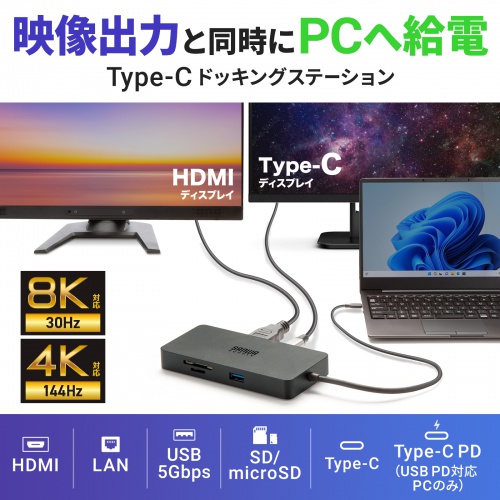 Type-C ドッキングステーション（ハブ・2画面出力・7-in-1・Type-Cモニター対応・4K/60Hz・8K対応・HDMI・PD充電・USB3.0・5Gbps・ブラック）