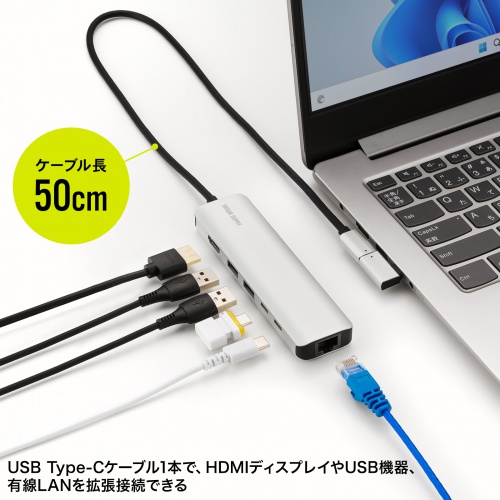 ドッキングステーション（Type-C 接続・6in1・HDMI 1つ・4K/120Hz・8K/30Hz・PD100W・コンパクト・USB A 2つ・LAN・L字変換アダプタ・ケーブル長50cm）