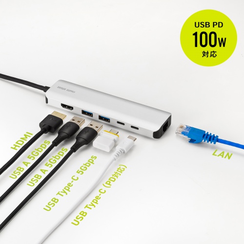 ドッキングステーション（Type-C 接続・6in1・HDMI 1つ・4K/120Hz・8K/30Hz・PD100W・コンパクト・USB A 2つ・LAN・L字変換アダプタ・ケーブル長50cm）