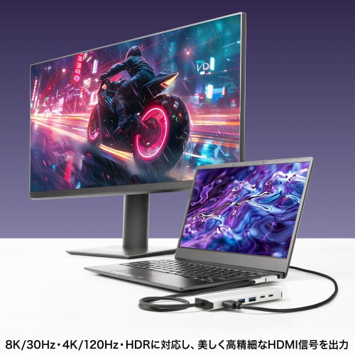 ドッキングステーション（Type-C 接続・6in1・HDMI 1つ・4K/120Hz・8K/30Hz・PD100W・コンパクト・USB A 2つ・LAN・L字変換アダプタ・ケーブル長50cm）