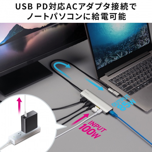 ドッキングステーション（Type-C 接続・6in1・HDMI 1つ・4K/120Hz・8K/30Hz・PD100W・コンパクト・USB A 2つ・LAN・L字変換アダプタ・ケーブル長50cm）