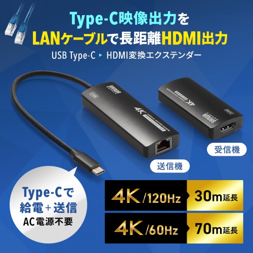 HDMIエクステンダー（延長器・最大70m・4K/120Hz・高画質・送受信・受信機/送信機 セット・高音質・LANケーブル接続）