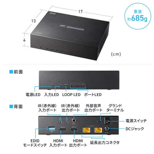 HDMIエクステンダー（4K対応・最大120m延長・送信機・2分配・PoC給電・LANケーブル1本・長距離映像伝送）