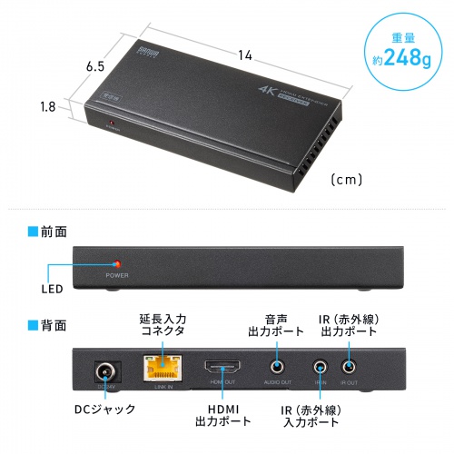 HDMIエクステンダー(4K/60Hz対応・最大120m延長・受信機・PoC給電・LANケーブル1本・IRリモコン伝送)