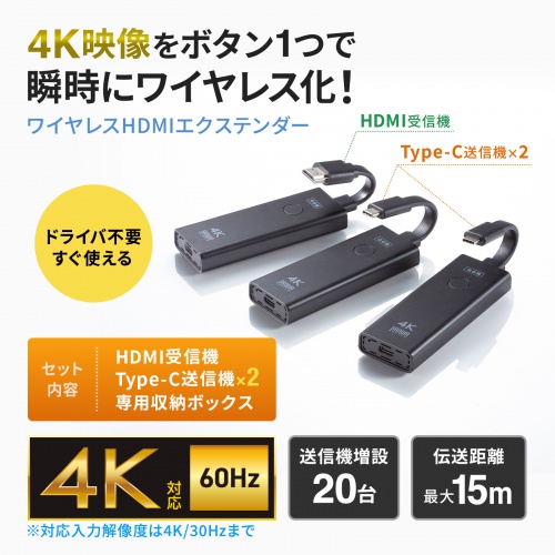 ワイヤレスHDMI 無線 送受信機セット（エクステンダー・4K・タイプC・送信機2台・収納ボックス付属・最大15m・HDMI延長器・コンパクトサイズ・設定不要・ドライバ不要）
