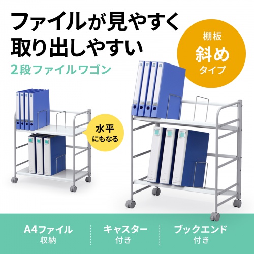 ファイルワゴン（2段・PCワゴン・PCラック・斜め・キャスター・デスク下・おしゃれ・おすすめ・ホワイト）WG-301N